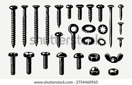 Silhouettes of construction fasteners screws, bolts, nuts, nails and washers isolated on white background