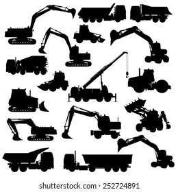 Silhouettes of construction machines. Bulldozer, excavator, roller, truck, loader, tractor. Vector illustration