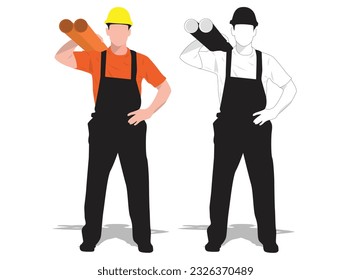 silhouettes of a Construction worker holding two orange hydraulic tubes.