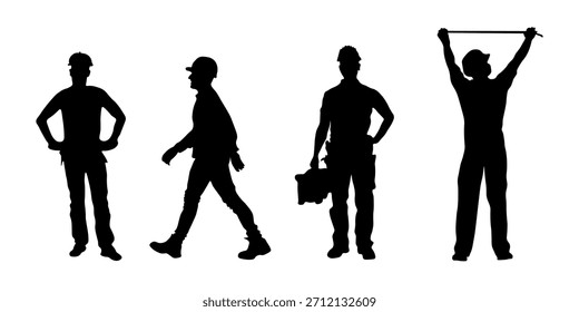  Silhuetas de trabalhadores da construção civil e trabalhadores em várias poses. Ilustração vetorial de pessoas no trabalho, adequada para a indústria, segurança e temas profissionais