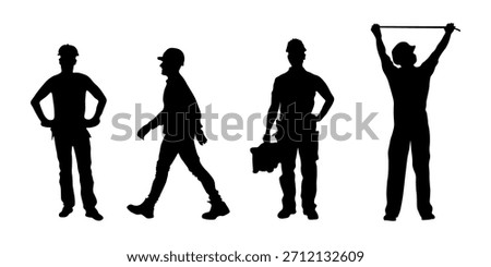  Silhouettes of construction workers and laborers in various poses. Vector illustration of people at work, suitable for industry, safety, and professional themes