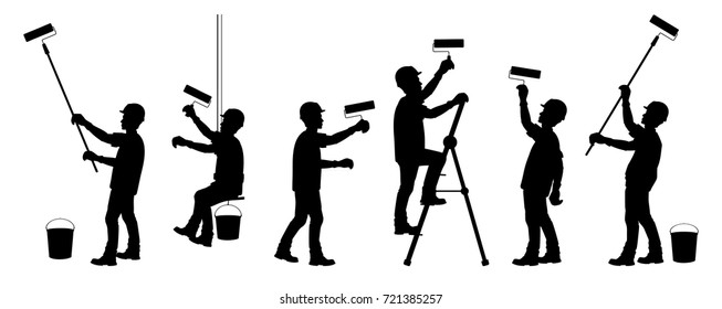 Silhouettes of construction workers. The painter in different positions at work. Vector illustration on white background