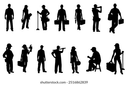 Silhouettes of construction workers and professionals with tools, in various work poses. Ideal for projects related to construction.