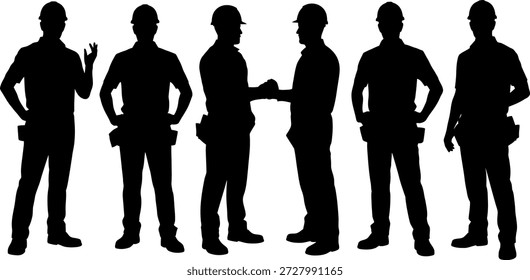Silhuetas de trabalhadores da construção civil em várias poses sobre fundo branco