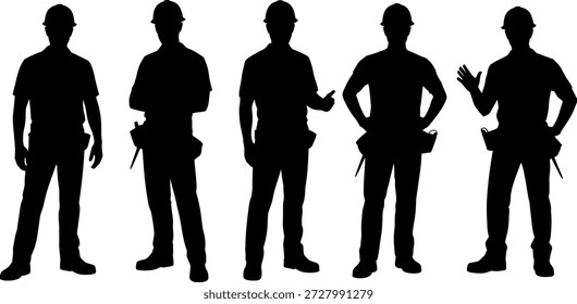 Silhuetas de trabalhadores da construção civil em várias poses com capacetes e ferramentas
