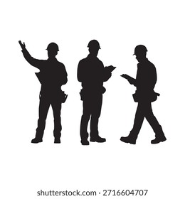 Silhouetten von Bauarbeitern in verschiedenen Posen, die Teamarbeit und professionelle Rollen zeigen