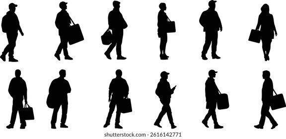 Silhouettes of construction workers wearing hard hats showcase different poses and activities. The setting emphasizes the importance of safety and teamwork on a construction site. - Powered by Shutterstock - Get 15% off with code: PIKWIZARD15