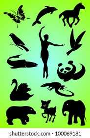 Silhouettes and contours of animals and person. Vector.