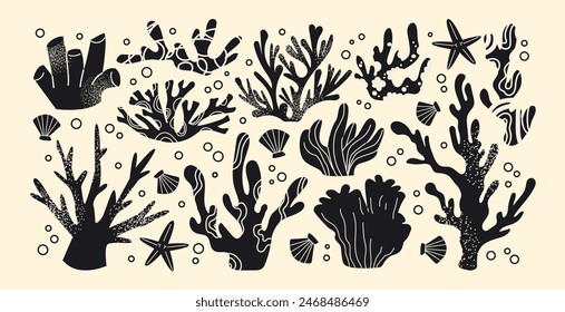 Siluetas corales y algas, flora oceánica submarina. Dibujos animados de plantas marinas del fondo marino. Elementos botánicos Antiguas en estilo retro groovy