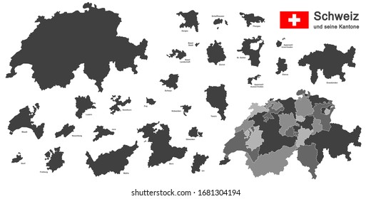 silhouettes of country Switzerland and all cantons