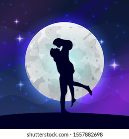 Silhouettes of couple against big moon at background - Vector