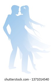 Silhouettes of couple of dancers holding each other. Girl with long hair and dancing clothes hugging her partner isolated on white background