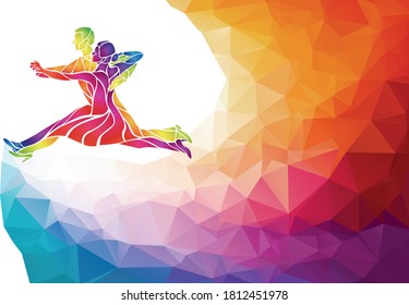 Silhouettes of couple dancing ballroom dance. Quickstep. Multicolored detailed vector silhouette of ballroom dancers.