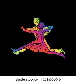 Siluetas de baile de pareja. Paso rápido. Silueta vectorial multicolor de bailarinas de salón de baile.