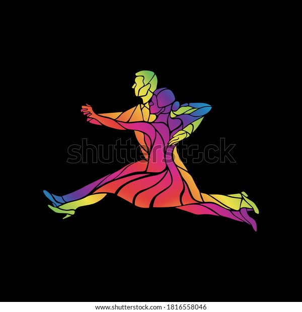 Silhouettes of\
couple dancing ballroom dance. Quickstep. Multicolored detailed\
vector silhouette of ballroom\
dancers.