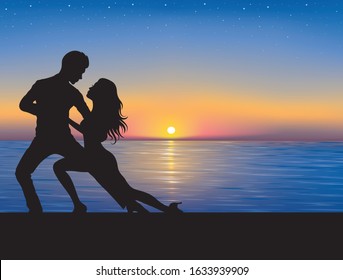 Silhouettes of couple dancing. Sunset on the background. 