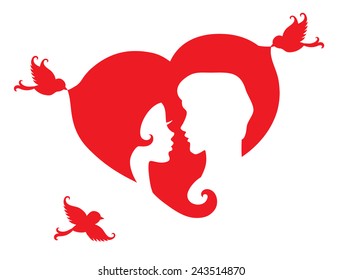 Silhouettes of couple in a heart. 
