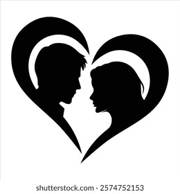 Silhouettes of a couple in a heart shape, ideal for romantic designs, wedding invitations, Valentine's Day cards, and branding for love-themed projects. Perfect for timeless romantic illustrations.