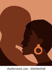 Silhouettes of a couple in love in profile. A man and a woman want to kiss. Portrait of contemporary abstract art. Relationships between people. Vector graphics.