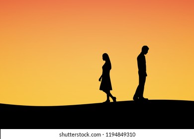 Silhouettes of couple man and woman broken heart. In nature sunset background. Love break up concept. Vector illustration.