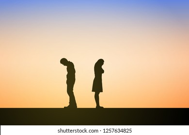 Silhouettes of couple man and woman broken heart. In nature sunset, sky background. Couple break up relations of love concept. Eps10 Vector illustration.