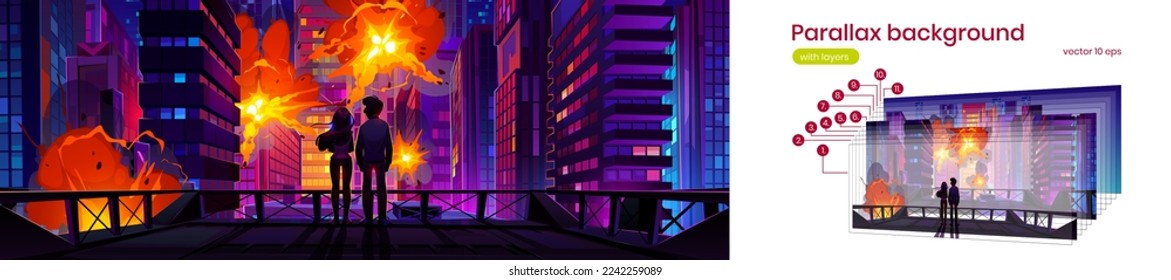 Silhouettes of couple on roof watching explosions in city, parallax background. Night cityscape, people looking at buildings damaged by war, enemy, attack, blasts, fire. Vector cartoon illustration