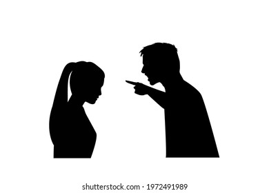 Silhouettes of couple quarreling on white background, angry couple silhouette