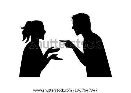 Silhouettes of couple quarreling on white background, angry couple silhouette