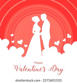 Silhouettes of a couple standing close with scattered white hearts and HappyValentine's Day text in festive font A red circular pattern adds a festive touch to the design symbolizing love and together