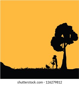 silhouettes couple with tree and orange background