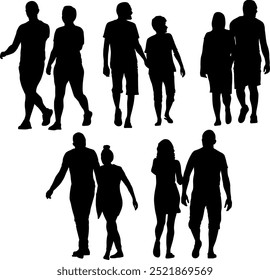 silhouettes couple walking, vector illustration