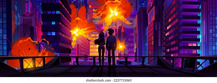 Siluetas de pareja viendo explosiones en la ciudad. Vista en la azotea del paisaje nocturno con rascacielos modernos dañados por explosiones, fuego. Guerra, ataque enemigo destruyendo edificios. Ilustración de dibujos animados