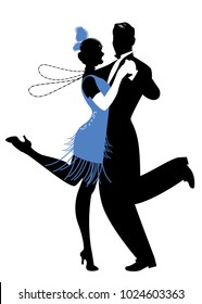 Silhouettes of couple wearing clothes in the style of the twenties dancing Charleston