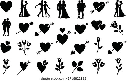 Siluetas parejas bailando, abrazando, corazones con flechas, rosas, motivos de San Valentín, romance
