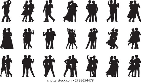 Siluetas de parejas bailando juntas en varios estilos y poses, mostrando elegancia y romance sobre un fondo blanco liso.