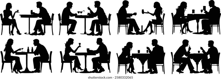 Silhouettes of Couples Dining and Conversing at Tables