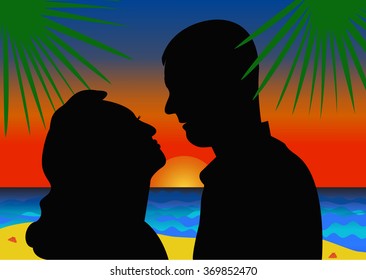 Silhouettes of couples in love on summer sunset background 