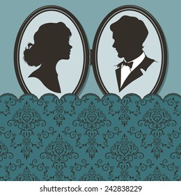 Silhouettes of couples on vintage background with lace. Vector Illustration 