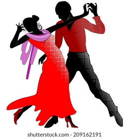 Silhouettes of couples in the red ballroom dancing a tango on a transparent background
