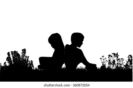 Silhouettes of couples. Resting on the grass.