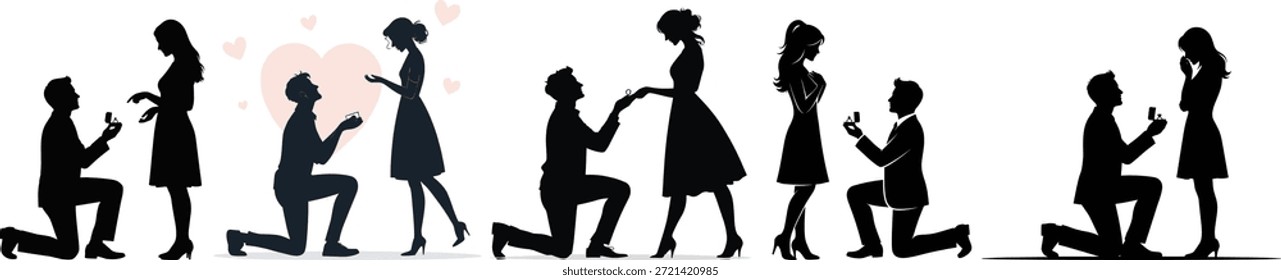 Siluetas de parejas románticas escenas de proposición Hombre de colección arrodillado con anillo de compromiso