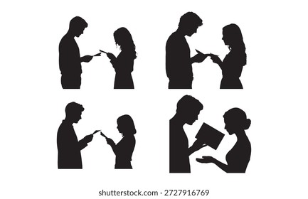 Silhouettes of Couples Using Phones and Reading Book