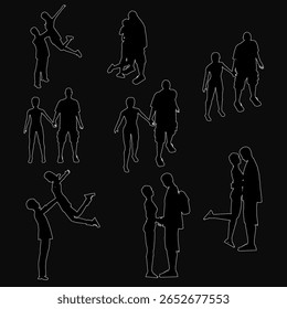Silhuetas de casais em várias poses amorosas destacam-se em branco contra um fundo preto. O design minimalista destaca romance e conexão. Perfeito para temas de amor, relacionamentos.