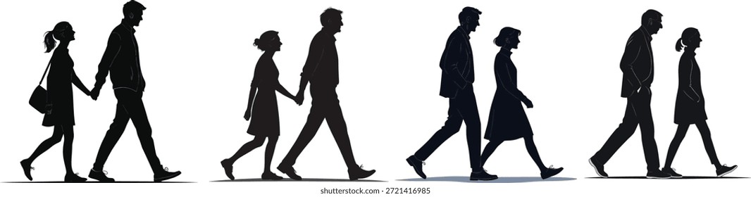 Silhuetas de casais caminhando de mãos dadas. Pares diversos passeando em fundo quadriculado.