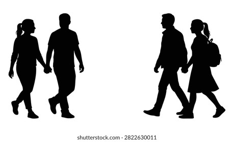 Silhouettes of couples walking together.