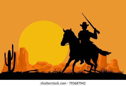  Silhouettes of Cowboy man on horse, running horseman,  wild west vector landscape, vector illustration 
