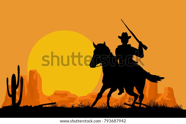 Silhouettes Cowboy Man On Horse Running Stock Vector (Royalty Free ...