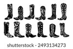 Silhouettes of Cowgirl boots black and white monochrome graphic. Cowboy boots stylized hand drawn vector illustration with star, rose ornament isolated on white background. Wild West concept.