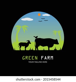 Silhouettes of cows, goats and birds on the farm illustration design