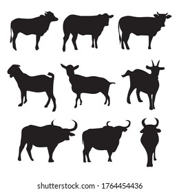 silhouettes of cows, goats, bulls, animal farmer 